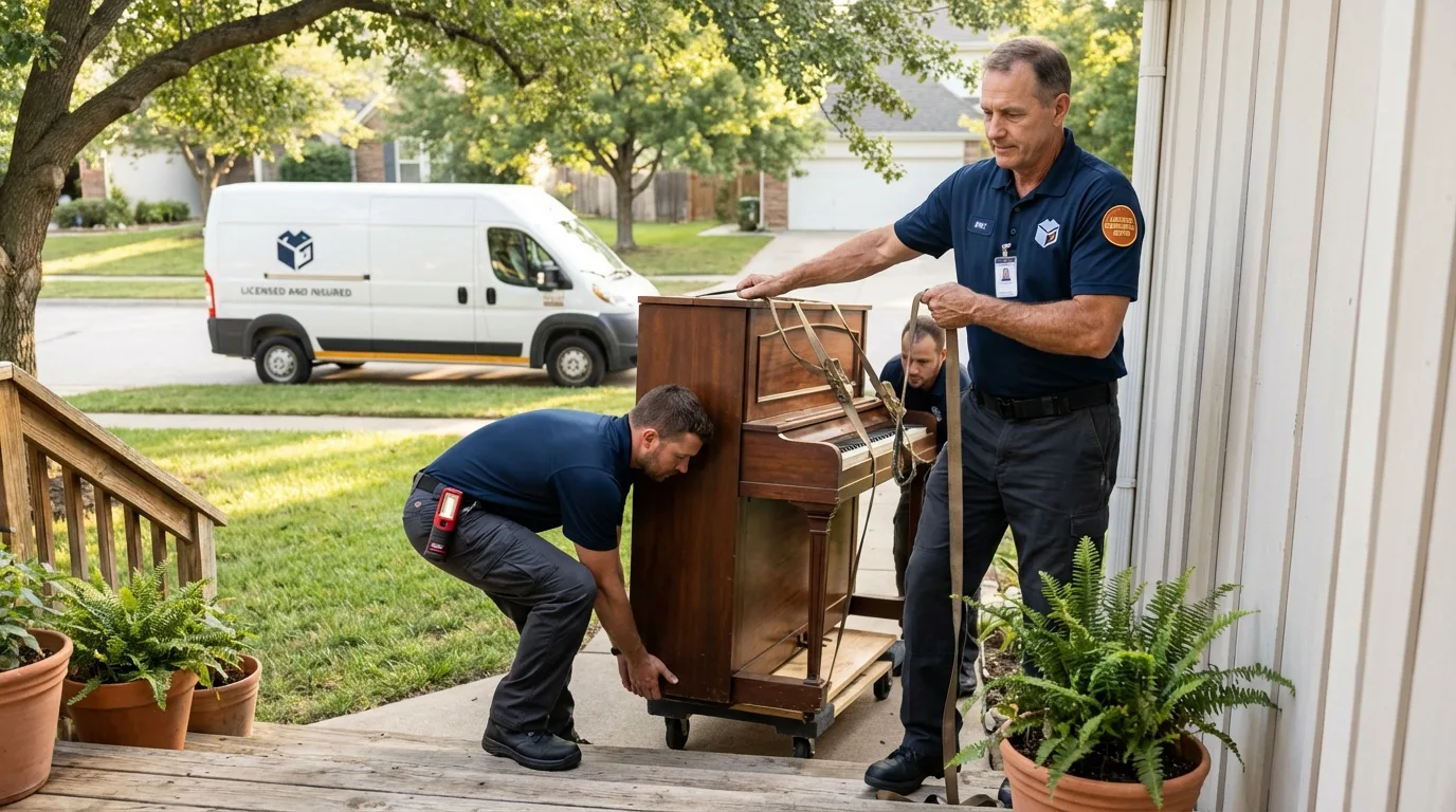 Licensed piano movers securing grand piano in Madison, AL