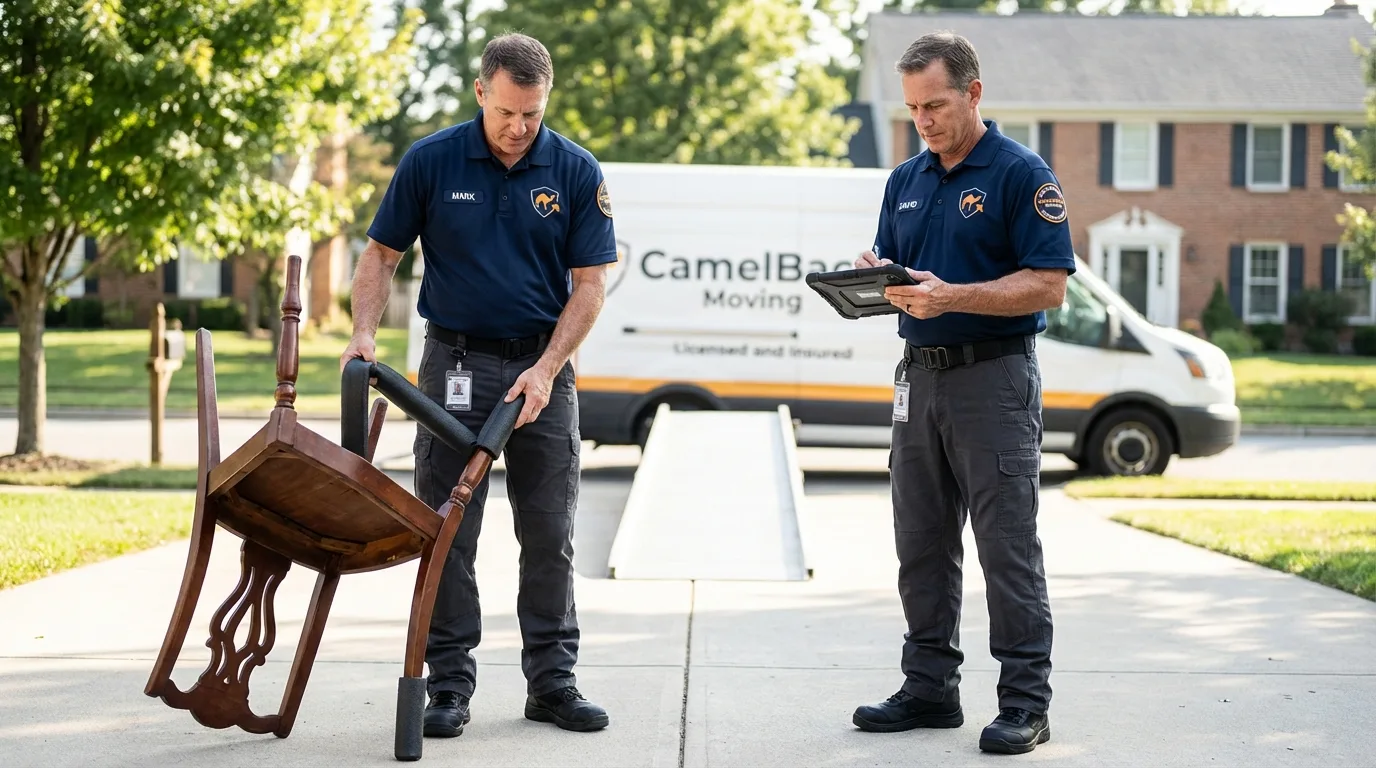 Movers inspecting furniture for damage prevention before loading in Madison, AL