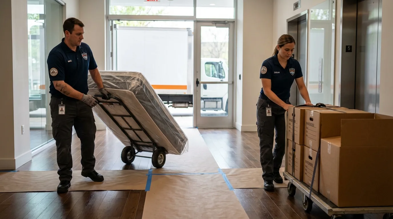 Professional apartment movers loading elevator in Madison, AL